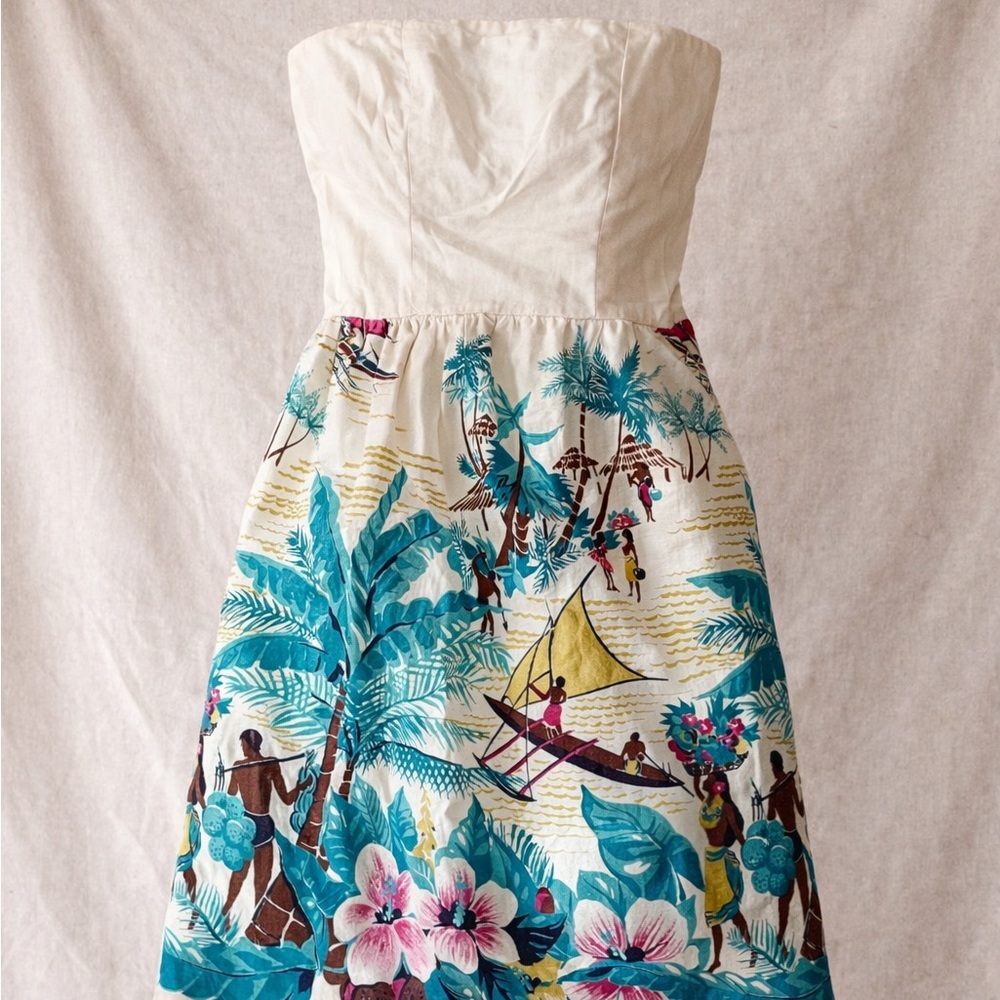 Vintage Tiki Strapless Dress | Tropical Island Scenic Print